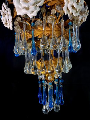 Chandelier with White Roses and Blue Drops, Murano, 1950s-OVO-1235197