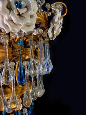 Chandelier with White Roses and Blue Drops, Murano, 1950s-OVO-1235197