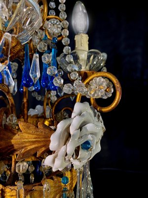 Chandelier with White Roses and Blue Drops, Murano, 1950s-OVO-1235197