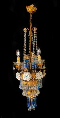 Chandelier with White Roses and Blue Drops, Murano, 1950s-OVO-1235197