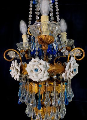 Chandelier with White Roses and Blue Drops, Murano, 1950s-OVO-1235197