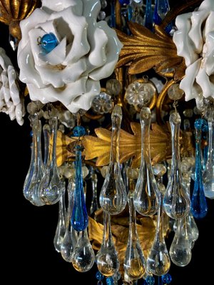 Chandelier with White Roses and Blue Drops, Murano, 1950s-OVO-1235197