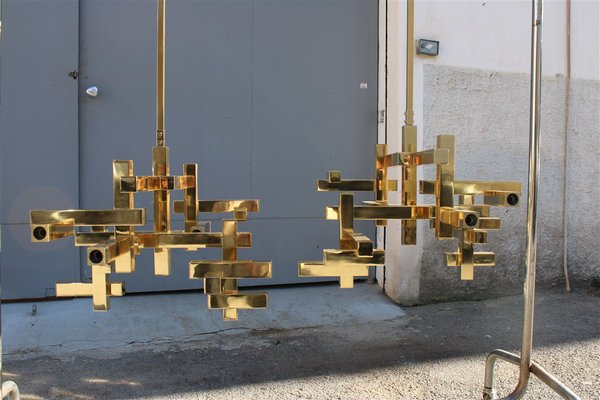 Chandeliers in Solid Brass Gaetano Prehose Minimal and Rational Design from Sciolari, 1970s, Set of 2-EH-1150930