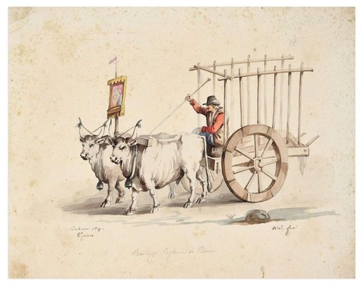 Chariot - Original Ink and Watercolor - 19th Century 19th Century-ZCI-758674