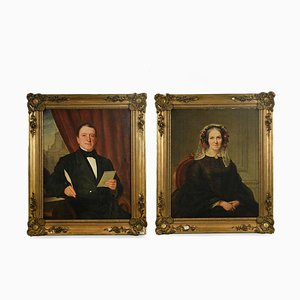 Charles-Gustave Housez, Portraits, 19th-Century, Oil on Canvas, Framed, Set of 2-NQ-1124746