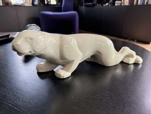 Charles Lemanceau (1905-1980) for Manufacture de Saint-Clement, Crouching Panther, Art Deco Ceramic-NRK-2036079