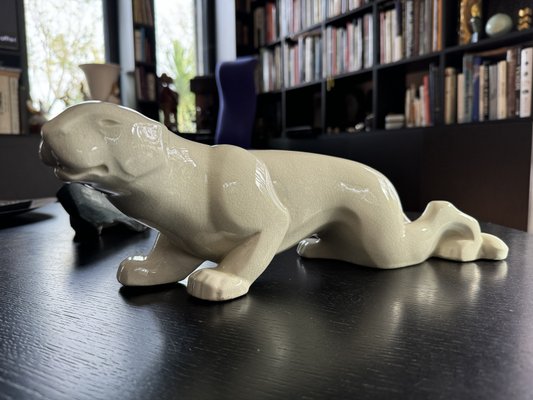 Charles Lemanceau (1905-1980) for Manufacture de Saint-Clement, Crouching Panther, Art Deco Ceramic-NRK-2036079