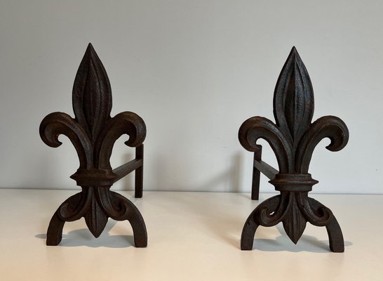 Chenets with Cast Iron and Wrought Iron Lilies, 1970s, Set of 2-BA-1479950