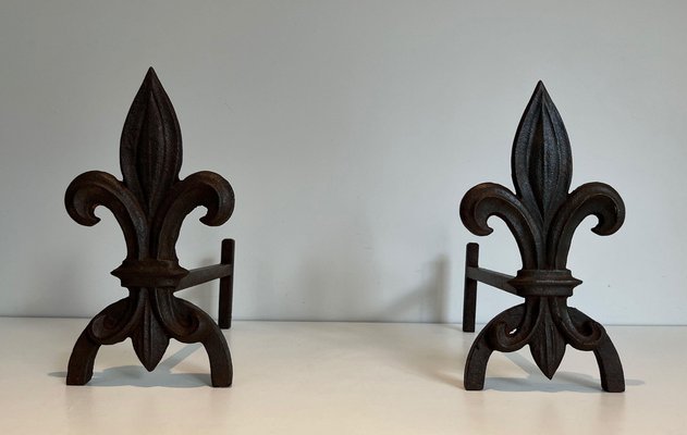 Chenets with Cast Iron and Wrought Iron Lilies, 1970s, Set of 2-BA-1479950