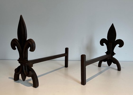 Chenets with Cast Iron and Wrought Iron Lilies, 1970s, Set of 2-BA-1479950