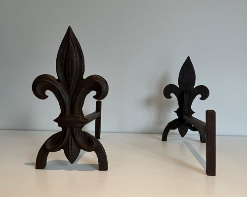 Chenets with Cast Iron and Wrought Iron Lilies, 1970s, Set of 2-BA-1479950