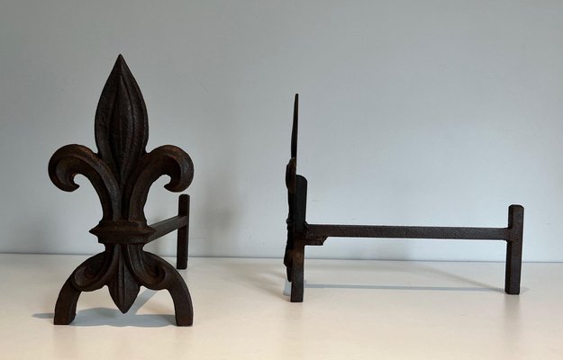 Chenets with Cast Iron and Wrought Iron Lilies, 1970s, Set of 2-BA-1479950