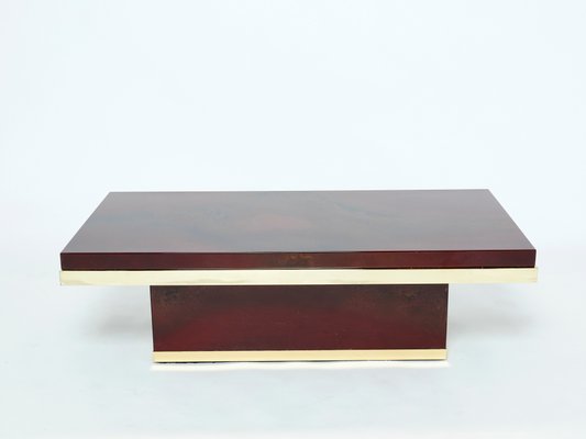 Cherry Red Lacquer and Brass Coffee Table by Jean Claude Mahey, 1970s-YJA-1074343