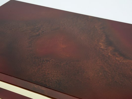 Cherry Red Lacquer and Brass Coffee Table by Jean Claude Mahey, 1970s-YJA-1074343