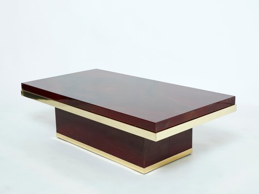 Cherry Red Lacquer and Brass Coffee Table by Jean Claude Mahey, 1970s-YJA-1074343