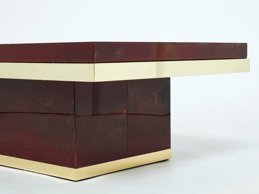 Cherry Red Lacquer and Brass Coffee Table by Jean Claude Mahey, 1970s-YJA-1074343