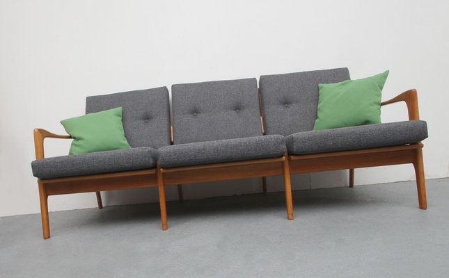 Cherry Wood Sofa with Green Cushions, 1960s-PF-852159