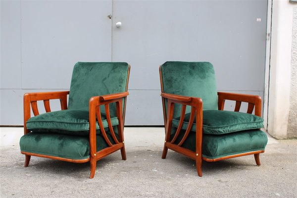 Cherrywood & Forest Green Velvet Lounge Chairs by Paolo Buffa, 1950s, Set of 2-EH-866289