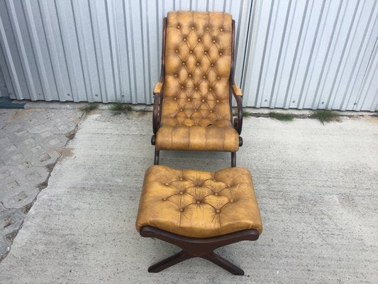 Chesterfield Armchair with Pouf Set, 1950s, Set of 2-WQQ-714567