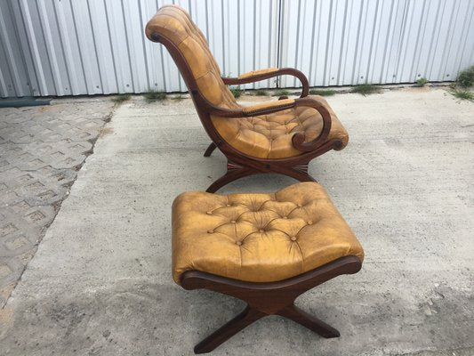 Chesterfield Armchair with Pouf Set, 1950s, Set of 2-WQQ-714567