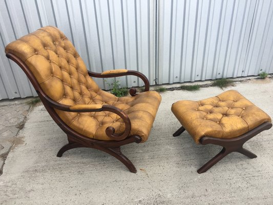 Chesterfield Armchair with Pouf Set, 1950s, Set of 2-WQQ-714567