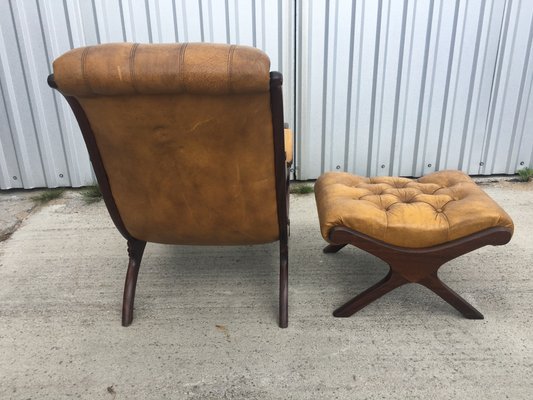 Chesterfield Armchair with Pouf Set, 1950s, Set of 2-WQQ-714567