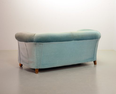 Chesterfield Duotone Two-Seat Victorian Sofa in Frosted Blue and Moss Green Velvet, 1950s-IXC-807621