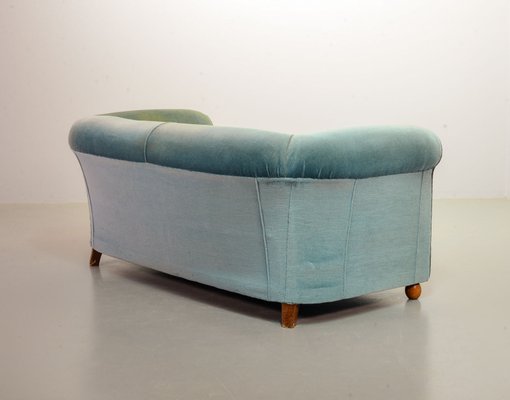 Chesterfield Duotone Two-Seat Victorian Sofa in Frosted Blue and Moss Green Velvet, 1950s-IXC-807621