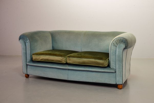 Chesterfield Duotone Two-Seat Victorian Sofa in Frosted Blue and Moss Green Velvet, 1950s-IXC-807621