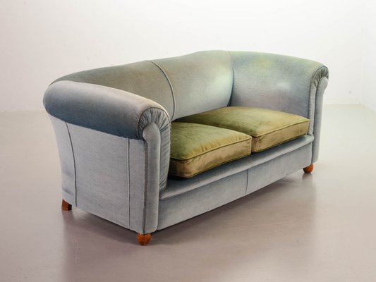 Chesterfield Duotone Two-Seat Victorian Sofa in Frosted Blue and Moss Green Velvet, 1950s-IXC-807621