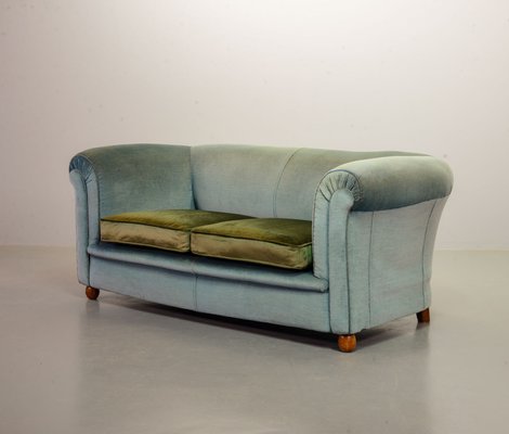 Chesterfield Duotone Two-Seat Victorian Sofa in Frosted Blue and Moss Green Velvet, 1950s-IXC-807621