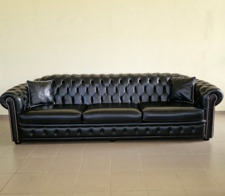 Chesterfield Sofa and Club Chairs in Black Genuine Leather, Set of 3-ITF-2021967