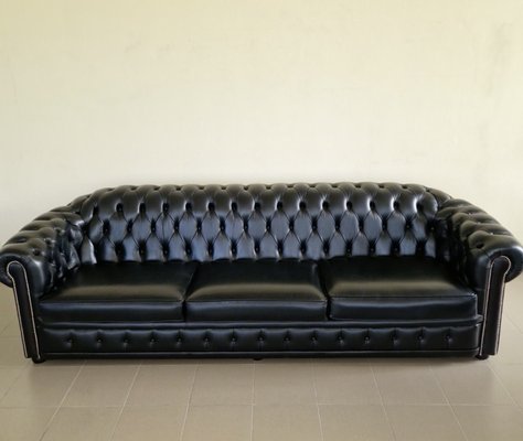 Chesterfield Sofa and Club Chairs in Black Genuine Leather, Set of 3-ITF-2021967