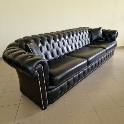 Chesterfield Sofa and Club Chairs in Black Genuine Leather, Set of 3-ITF-2021967