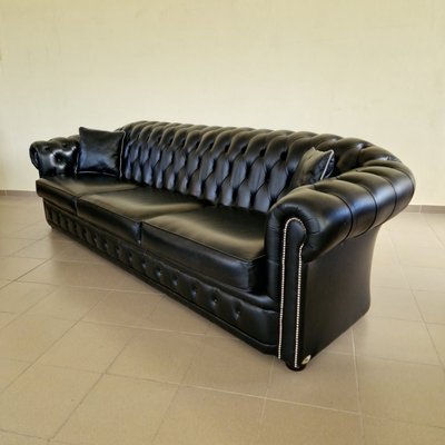 Chesterfield Sofa and Club Chairs in Black Genuine Leather, Set of 3-ITF-2021967