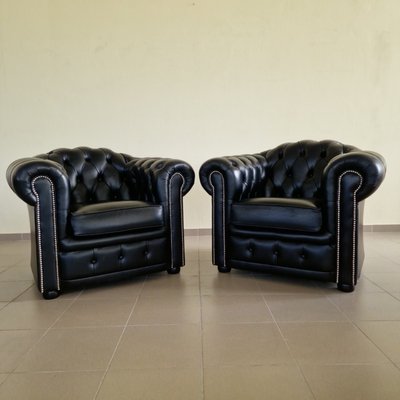 Chesterfield Sofa and Club Chairs in Black Genuine Leather, Set of 3-ITF-2021967