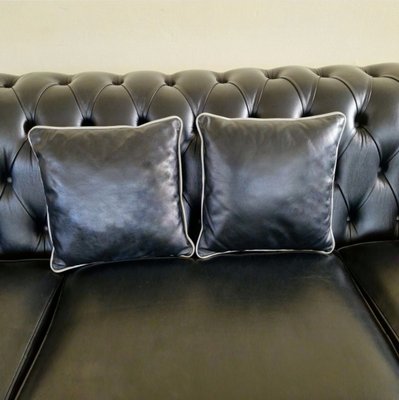 Chesterfield Sofa and Club Chairs in Black Genuine Leather, Set of 3-ITF-2021967