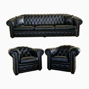 Chesterfield Sofa and Club Chairs in Black Genuine Leather, Set of 3-ITF-2021967