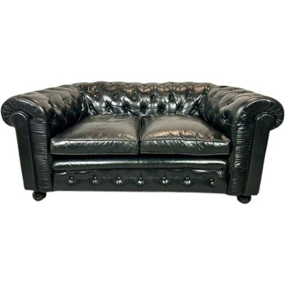 Chesterfield Sofa in Black Buttoned Leather, 1950s-TCS-1703840