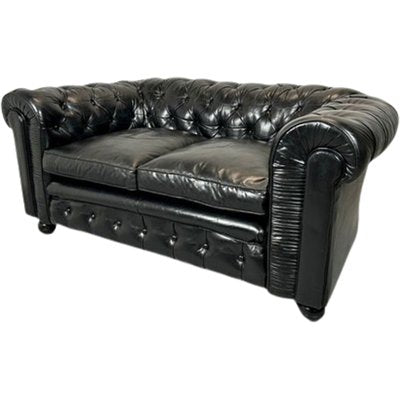 Chesterfield Sofa in Black Buttoned Leather, 1950s-TCS-1703840