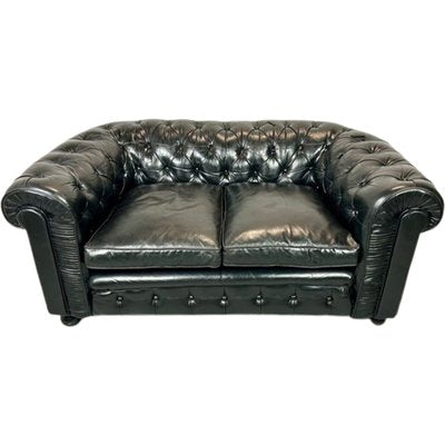 Chesterfield Sofa in Black Buttoned Leather, 1950s-TCS-1703840