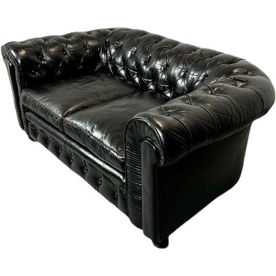 Chesterfield Sofa in Black Buttoned Leather, 1950s-TCS-1703840