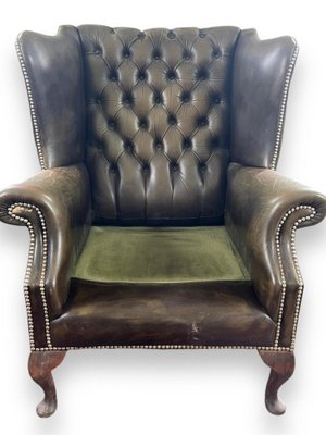 Chesterfield Wing Chair in Green Brown Leather-BXG-2028923