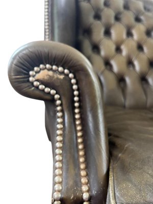 Chesterfield Wing Chair in Green Brown Leather-BXG-2028923