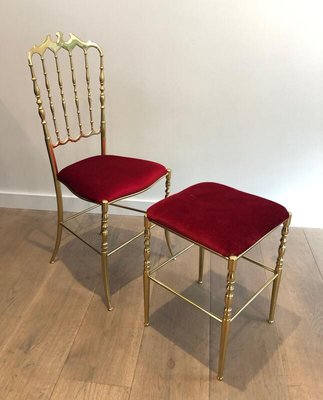 Chiavari Brass Chair and Stool, France, 1970s, Set of 2-BA-839299