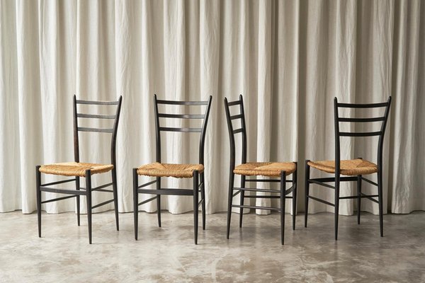 Chiavari Chairs in Ebonized Wood and Straw by Gio Ponti for Fratelli Spinetto, Italy, 1940s, Set of 4-FEW-2042351