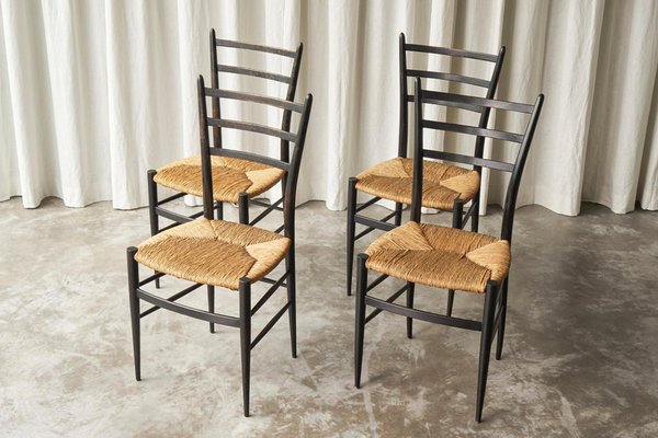 Chiavari Chairs in Ebonized Wood and Straw by Gio Ponti for Fratelli Spinetto, Italy, 1940s, Set of 4-FEW-2042351