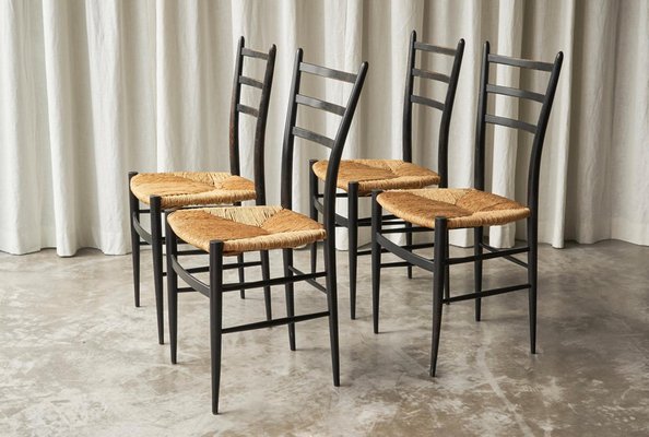 Chiavari Chairs in Ebonized Wood and Straw by Gio Ponti for Fratelli Spinetto, Italy, 1940s, Set of 4-FEW-2042351