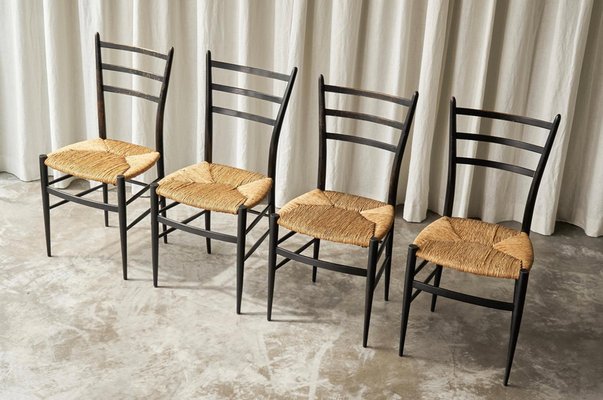 Chiavari Chairs in Ebonized Wood and Straw by Gio Ponti for Fratelli Spinetto, Italy, 1940s, Set of 4-FEW-2042351