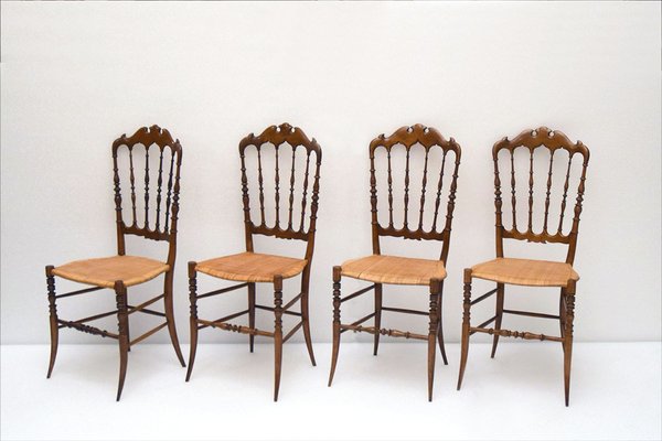 Chiavarina Chairs in Cherry Wood with Straw Seat, 1920s, Set of 4-HS-1417397